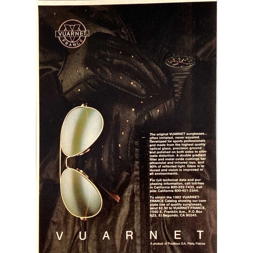 Vuarnet Sunglasses "Developed for Sports Professionals" Vintage Print Ad 1982